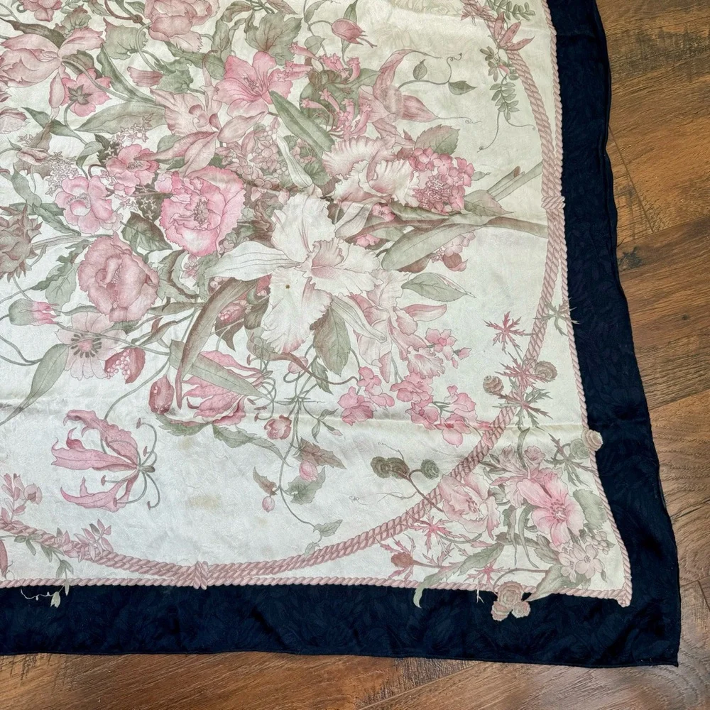 Hiroko for Dozo Cream / Pink Floral  Black Trim Silk Scarf
